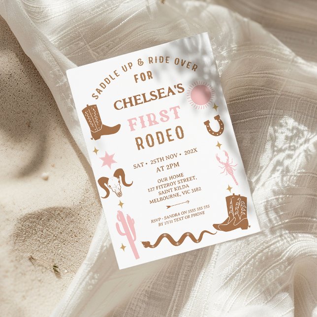 Modern Pink Brown Cowgirl First Rodeo 1st Birthday Invitation (Girls First Rodeo Birthday Invitation, Pink Brown Cowgirl 1st Birthday Invitation, Southern, Western)