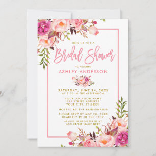 Modern Pink Brush Script Floral Gold Bridal Shower Invitation
