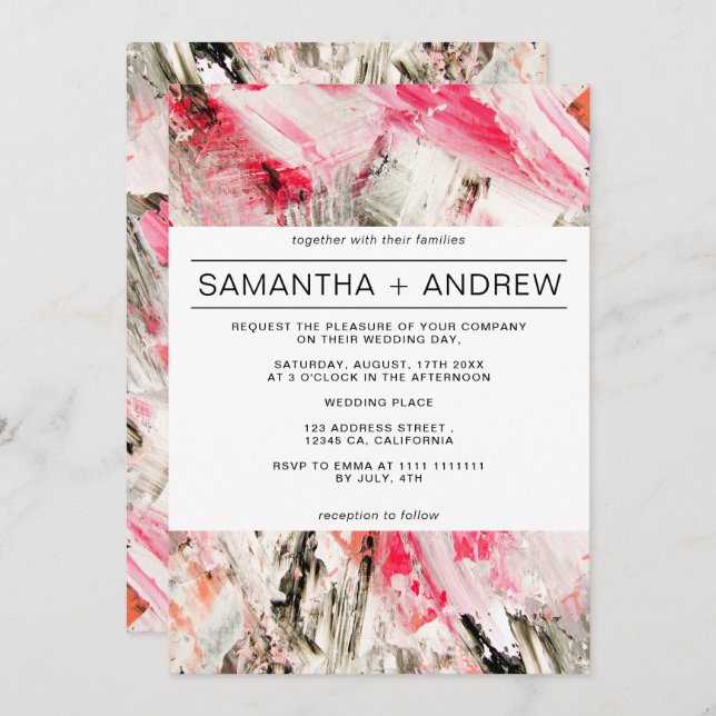 Modern pink brushstrokes abstract trendy wedding invitation (Front/Back)