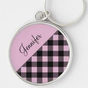 Modern Pink Buffalo Plaid Check Pattern Name Key Ring