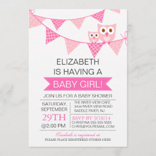 Modern Pink Bunting Owl GIRL Baby Shower Invitation