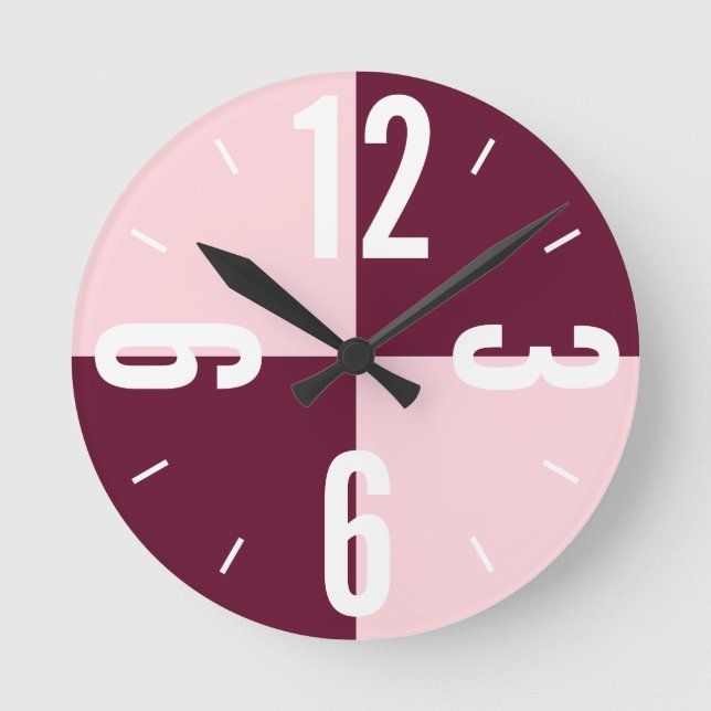 Modern pink, burgundy colour blocks large numbers round clock (Front)