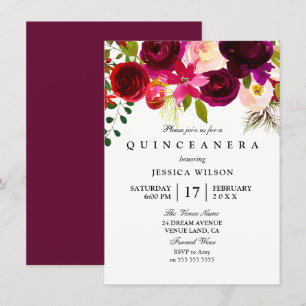 Modern Pink Burgundy Flower Quinceanera Invitation