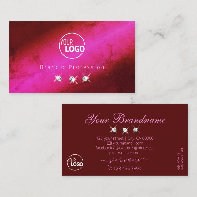 Modern Pink Burgundy Sparkling Diamonds with Logo Business Card (Front/Back)