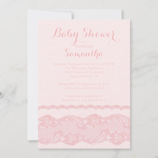 Modern Pink Burlap & Lace Baby Shower Invitation (Front)