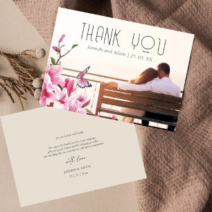 Modern Pink Butterflies Floral Photo Wedding Thank You Card