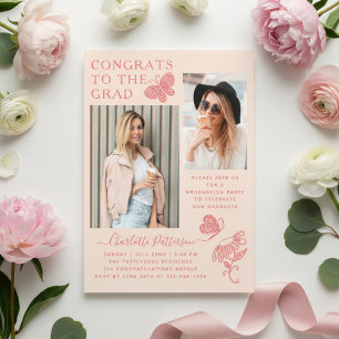Modern Pink Butterfly Photo Graduation Party Acrylic Invitations