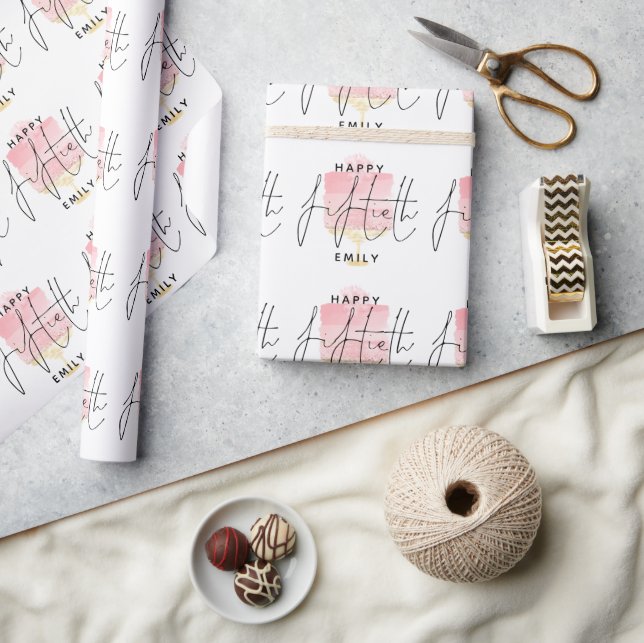 Modern Pink Cake Pattern Name Happy 50th Birthday Wrapping Paper (Crafts)