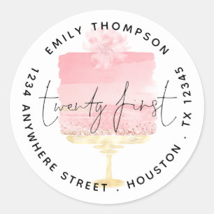 Modern Pink Cake Script 21st Name Return Address  Classic Round Sticker
