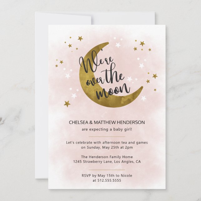 Modern Pink Calligraphy Over The Moon Baby Shower Invitation (Front)