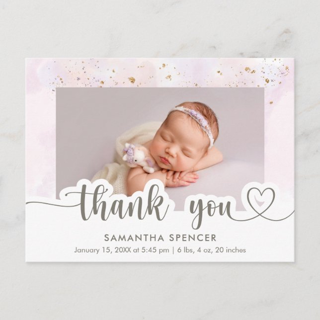 Modern Pink Calligraphy Photo Baby Girl Thank You Postcard (Front)