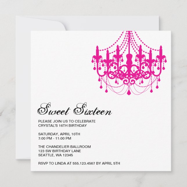 Modern Pink Chandelier Sweet Sixteen Birthday Invitation (Front)