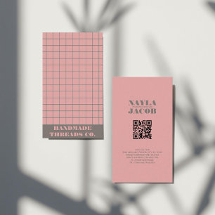 Modern Pink Checkered Pattern Pattern QR Code  Business Card