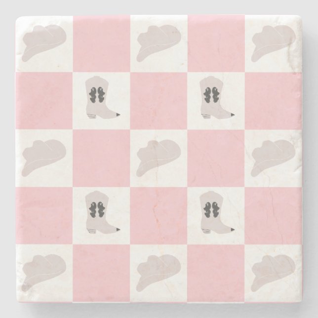 Modern Pink Chequered Cowgirl Rodeo Pattern Stone Coaster (Front)
