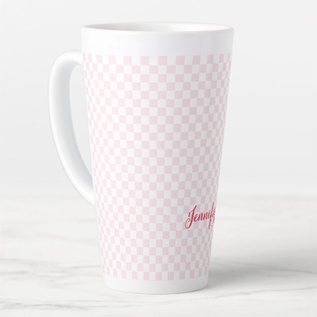 Modern Pink Chequered Elegant Typography Monogram Latte Mug (Left Angle)