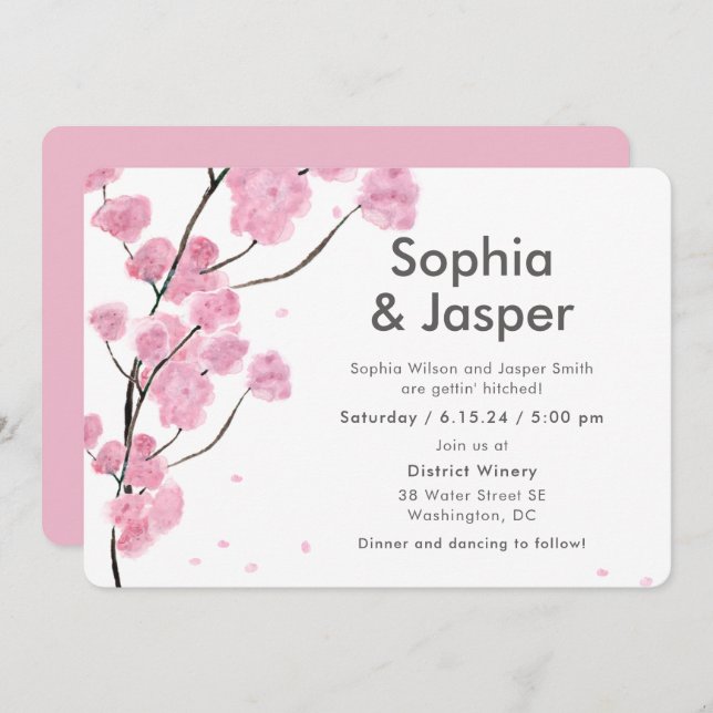 Modern Pink Cherry Blossoms Wedding Invitation (Front/Back)