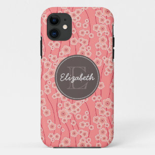 Modern Pink Cherry Flowers Monogrammed Case-Mate iPhone Case