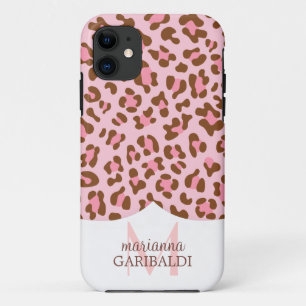 Modern Pink Choco Leopard Print Girly Personalised iPhone 11 Case