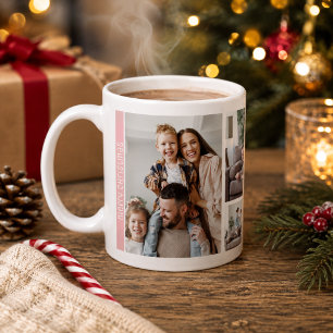 Modern Pink Christmas 5 Photos Collage Family Coffee Mug