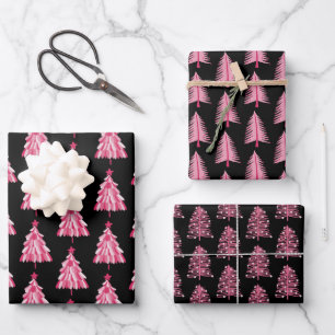 Modern Pink Christmas Festive Tree Wrapping Paper Sheet