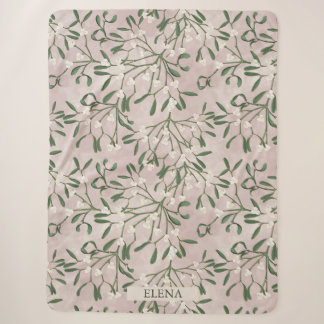 Modern Pink Christmas Mistletoe & Winter Berries Sherpa Blanket
