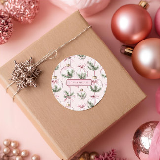 Modern Pink Christmas Ornament Personalized Sticke Classic Round Sticker