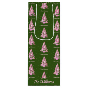 Modern Pink Christmas Tree Custom Name Green Wine Gift Bag