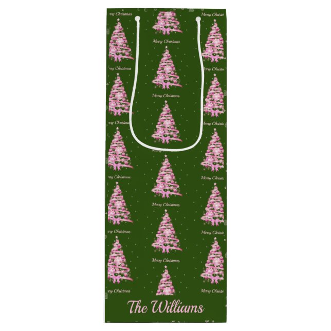 Modern Pink Christmas Tree Custom Name Green Wine Gift Bag (Front)