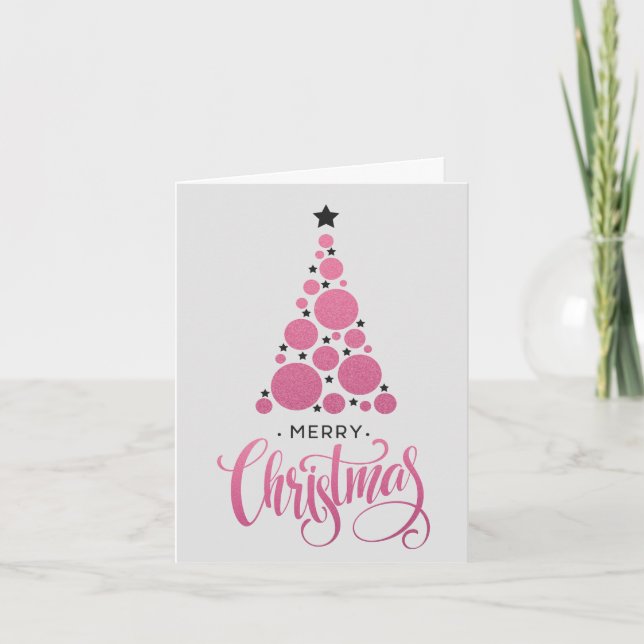 Modern Pink Christmas Tree Holiday Card (Front)