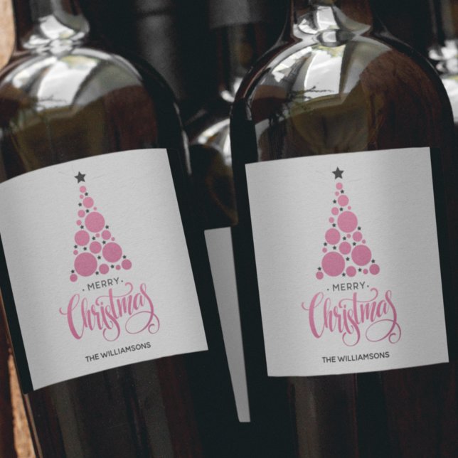 Modern Pink Christmas Tree Holiday Wine Label (Creator Uploaded)