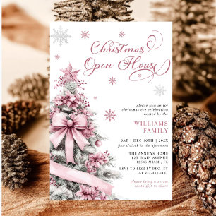 Modern Pink Christmas Tree Open House Party Invitation