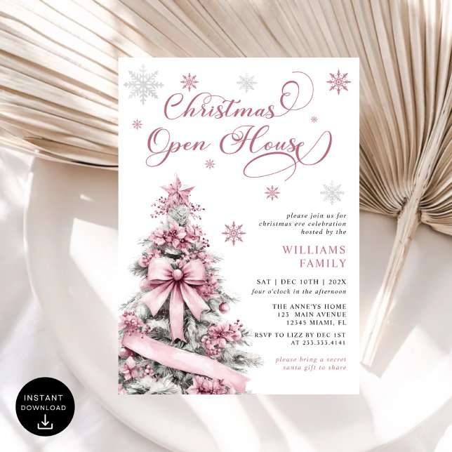 Modern Pink Christmas Tree Open House Party Invitation (Creator Uploaded)