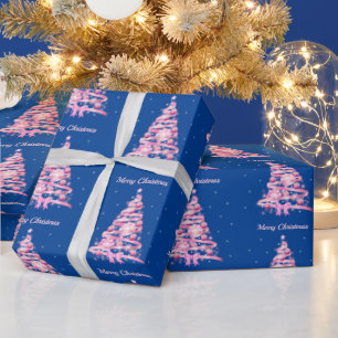 Modern Pink Christmas Tree Pattern Navy Blue Wrapping Paper