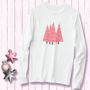 Modern Pink Christmas Trees Monogram T-Shirt