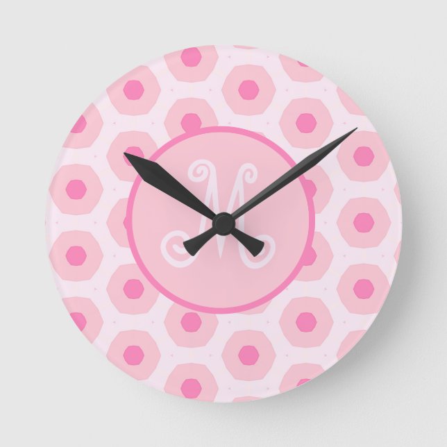 Modern Pink Circle Dots Geometric Monogram Round Clock (Front)