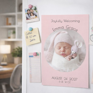 Modern Pink Circle Photo Magnet Birth Announcement