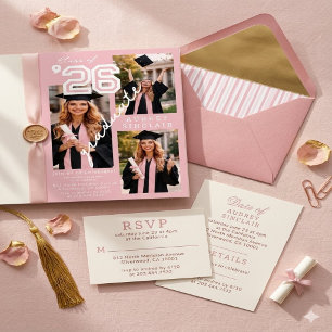 Modern pink Class of 2026 3-Photo Graduation Invitation