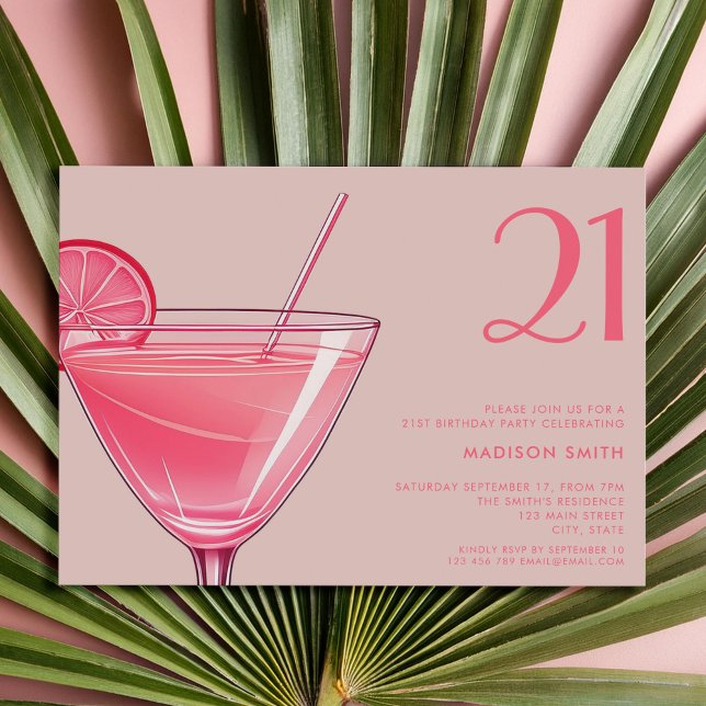 Modern Pink Cocktail 21st Birthday Invitation (Creator Uploaded)