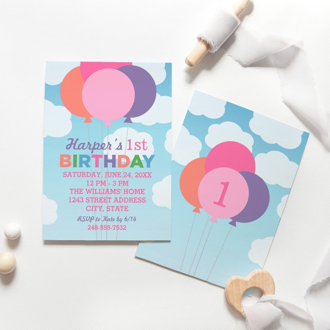 Modern Pink Colorful Balloons First Birthday Party Invitation (Creator Uploaded)