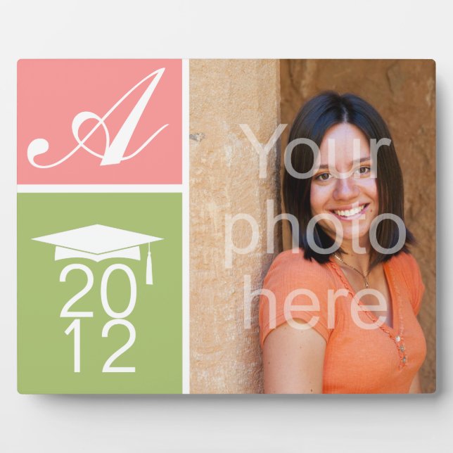 Modern pink colour block monogram graduation cap plaque (Front)