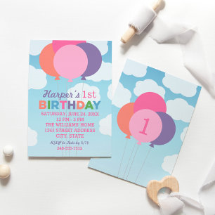 Modern Pink Colourful Balloons First Birthday Part Invitation