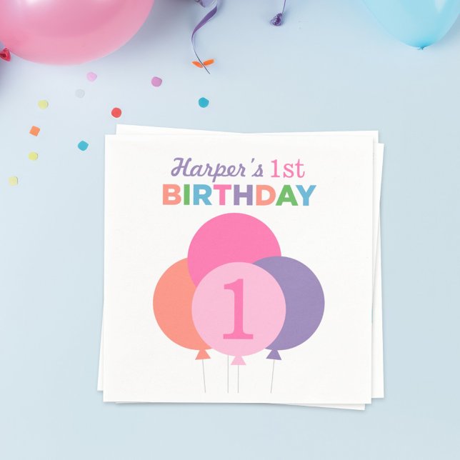 Modern Pink Colourful Balloons First Birthday Part Napkin (Creator Uploaded)