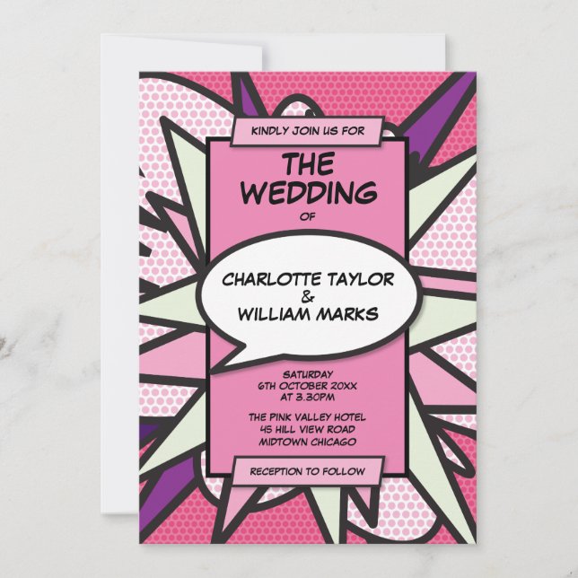 Modern Pink Comic Book Themed Wedding Invitation (Front)
