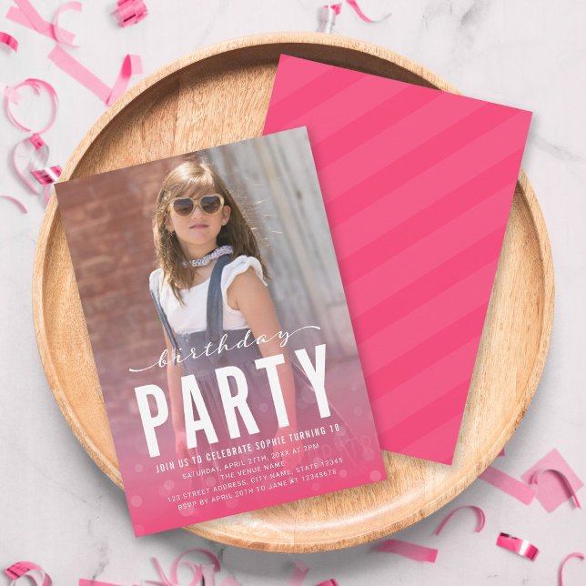 Modern Pink Confetti Any Age Photo Birthday Party Invitation (Creator Uploaded)