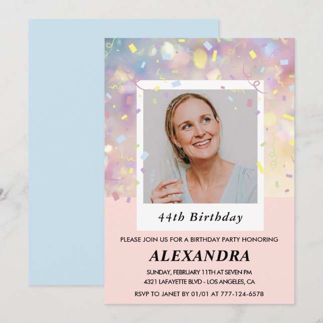 Modern Pink Confetti Photo 44th birthday Invitation (Front/Back)