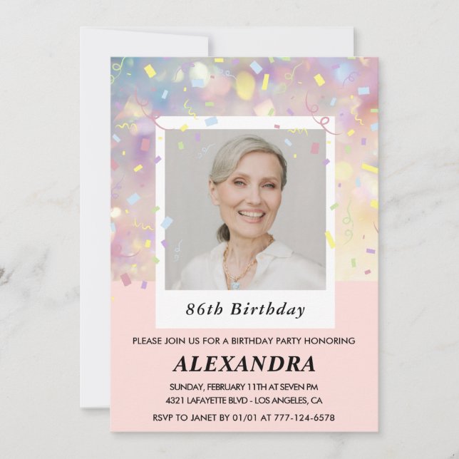 Modern Pink Confetti Photo 86th birthday Invitation (Front)