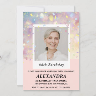 Modern Pink Confetti Photo 88th birthday Invitation