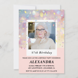 Modern Pink Confetti Photo 97th birthday Invitation