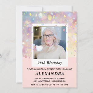Modern Pink Confetti Photo 98th birthday Invitation