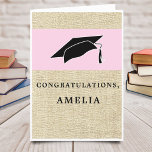 Modern Pink Congratulations Rustic Graduation Card<br><div class="desc">Modern Pink Congratulations Rustic Graduation Card with a Graduate Name. Graduation card with graduation cap, text Congratulations and a name of the graduate on the front side - personalize with your name. The text is on a beige rustic background and the cap is on pink. Personalize the text inside the...</div>